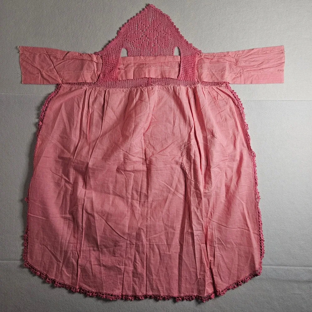 Vintage Pink Handmade Crochet Lace Half Apron with Pocket Scalloped Trim